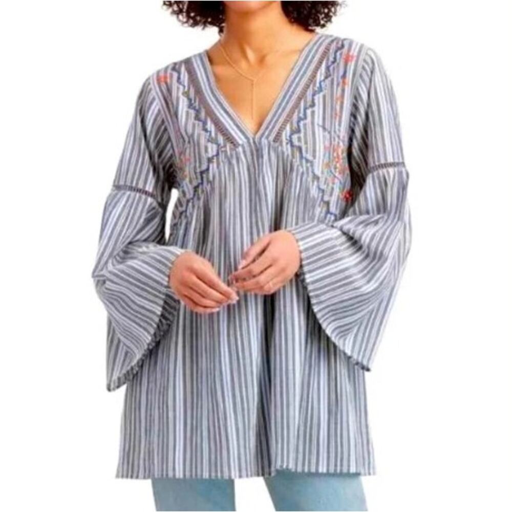 Cost Plus World Market Gray and Blue Bell Sleeve Tunic